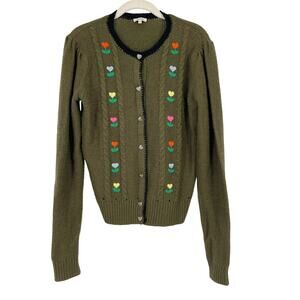 Manoush Wool Blend Embroidered Cardigan Grandmacore Sweater Size M Green French
